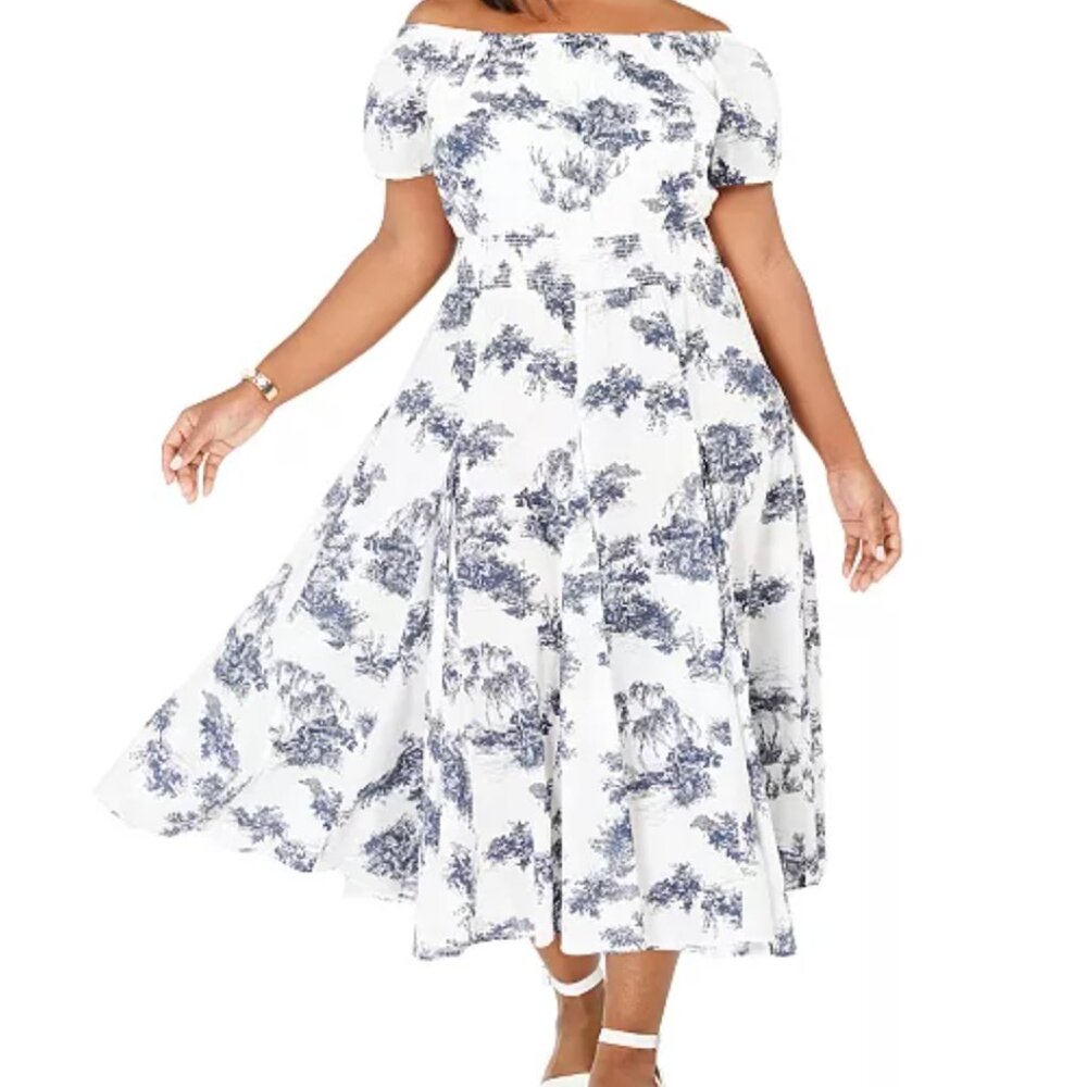 Plus Size Printed Off-The-Shoulder Smocked-Waist Dress